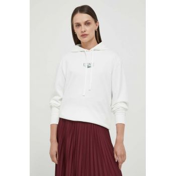 Lacoste bluza femei, culoarea alb, cu glugă, cu imprimeu