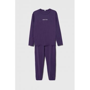 United Colors of Benetton pijamale de bumbac pentru copii culoarea violet, cu imprimeu