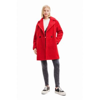 Desigual palton femei, culoarea rosu, de tranzitie, cu doua randuri de nasturi de firma original