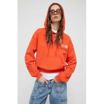 Moschino Jeans hanorac de bumbac femei, culoarea portocaliu, cu glugă, cu imprimeu