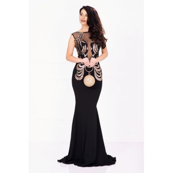 Rochie de seara eleganta lunga Bekky neagra cu model din paiete aurii ieftina