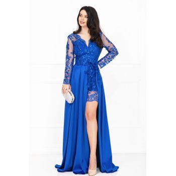 Rochie de seara Ivette albastru-royal din dantela si fusta din tafta