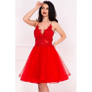 Rochie rosie baby-doll eleganta Brianna cu bust brodat la reducere