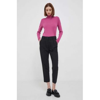 Sisley pantaloni femei, culoarea negru, drept, high waist
