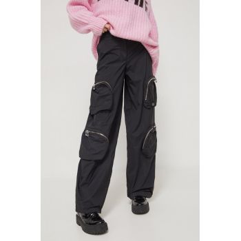 HUGO pantaloni femei, culoarea negru, lat, high waist