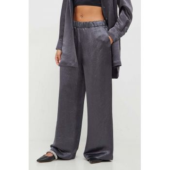 Max Mara Leisure pantaloni femei, culoarea gri, lat, high waist