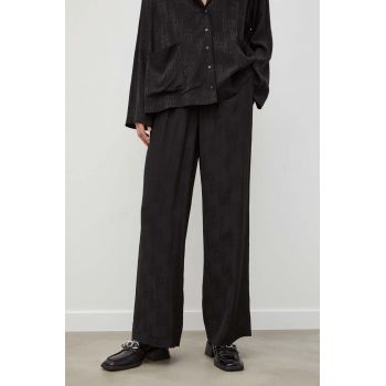Herskind pantaloni femei, culoarea negru, lat, high waist