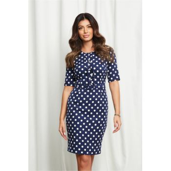 Rochie Dy Fashion bleumarin cu buline albe cu volane si perle la bust