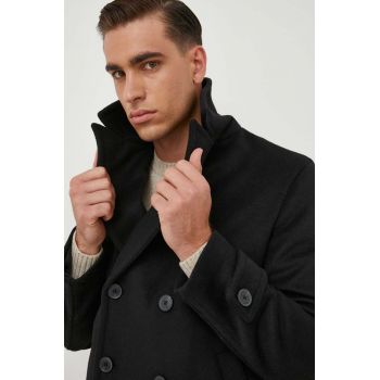 United Colors of Benetton palton de lana culoarea negru, de tranzitie, cu doua randuri de nasturi de firma original