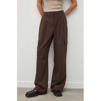 Herskind pantaloni femei, culoarea maro, lat, high waist