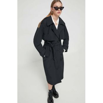 Abercrombie & Fitch palton femei, culoarea negru, de tranzitie, cu doua randuri de nasturi de firma original