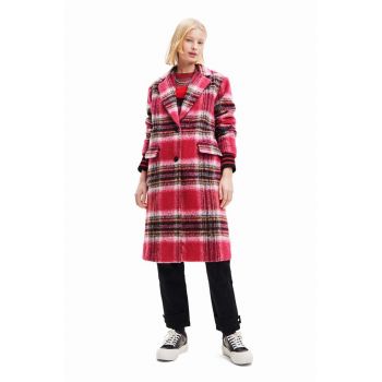 Desigual palton 23WWEWAD WOMAN WOVEN OVERCOAT femei, culoarea roz, de tranzitie, cu doua randuri de nasturi ieftin