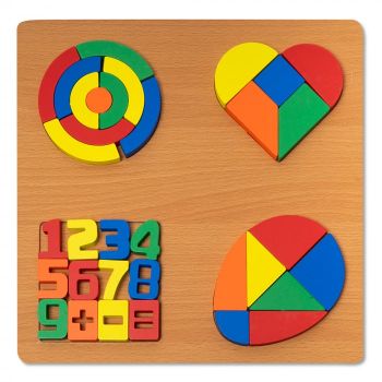 Puzzle 3D din Lemn cu Forme Geometrice si Cifre Colorate Montessori