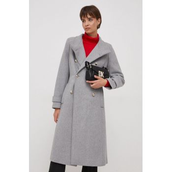 Dkny palton de lana culoarea gri, de tranzitie, cu doua randuri de nasturi de firma original