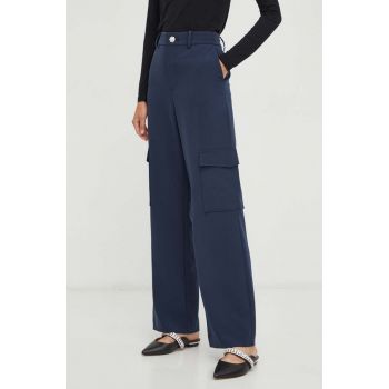 Custommade pantaloni femei, culoarea albastru marin, drept, high waist
