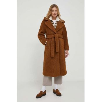 Sisley palton femei, culoarea maro, de tranzitie, oversize ieftin