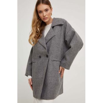 Answear Lab palton de lana culoarea gri, de tranzitie, cu doua randuri de nasturi