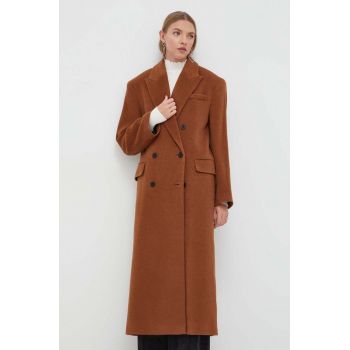 HUGO palton de lana culoarea maro, de tranzitie, cu doua randuri de nasturi de firma original