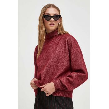 HUGO pulover de lana femei, culoarea bordo, light, cu guler