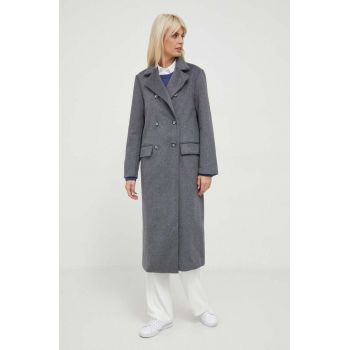 Pepe Jeans palton de lana Madison culoarea gri, de tranzitie, cu doua randuri de nasturi de firma original