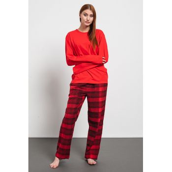 Pijama de bumbac cu pantaloni in carouri la reducere