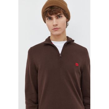HUGO pulover de bumbac culoarea maro, light, cu turtleneck