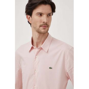 Lacoste camasa din bumbac barbati, culoarea roz, cu guler clasic, slim de firma originala