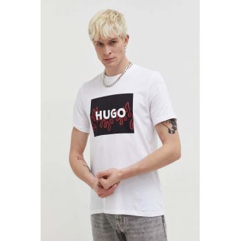 HUGO tricou din bumbac bărbați, culoarea alb, cu imprimeu 50506989