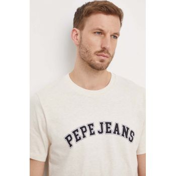 Pepe Jeans tricou din bumbac barbati, culoarea bej, cu imprimeu