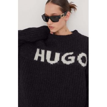 HUGO pulover de lana femei, culoarea negru, călduros