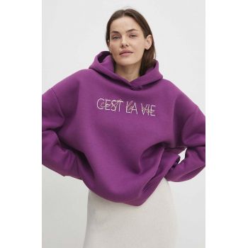 Answear Lab bluza femei, culoarea violet, cu glugă, cu imprimeu