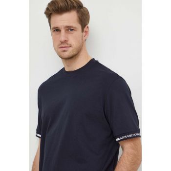 Armani Exchange tricou din bumbac barbati, culoarea albastru marin, neted