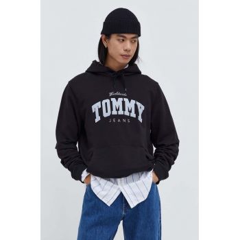 Tommy Jeans hanorac de bumbac bărbați, culoarea negru, cu glugă, imprimeu DM0DM18401