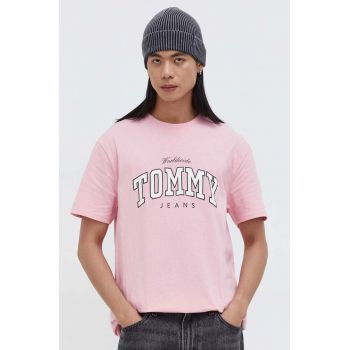 Tommy Jeans tricou din bumbac bărbați, culoarea roz, cu imprimeu DM0DM18287