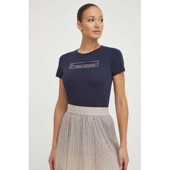 Armani Exchange tricou din bumbac femei, culoarea albastru marin