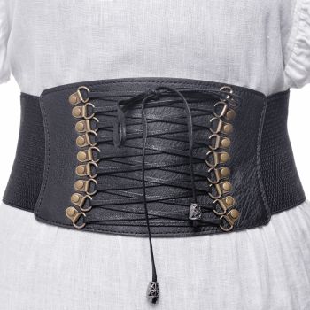 Centura corset lata din piele ecologica cu siret si elemente metalice aurii patinate