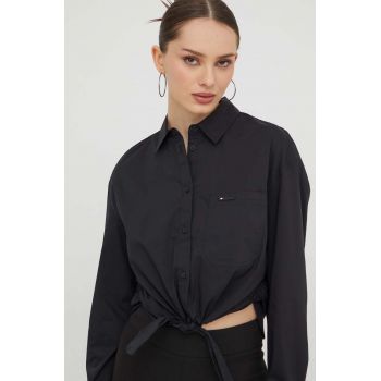 Tommy Jeans cămașă femei, culoarea negru, cu guler clasic, regular DW0DW17520