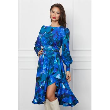 Rochie Dy Fashion turcoaz cu imprimeuri florale albastre si volan pe fusta