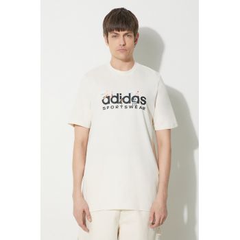 adidas tricou din bumbac bărbați, culoarea bej, cu imprimeu IM8305