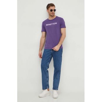 United Colors of Benetton tricou din bumbac barbati, culoarea violet, cu imprimeu