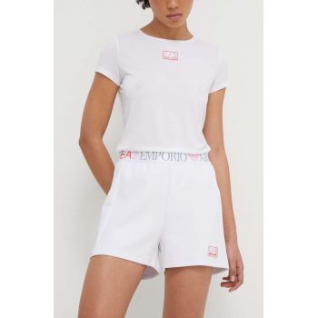 EA7 Emporio Armani pantaloni scurti femei, culoarea alb, neted, high waist
