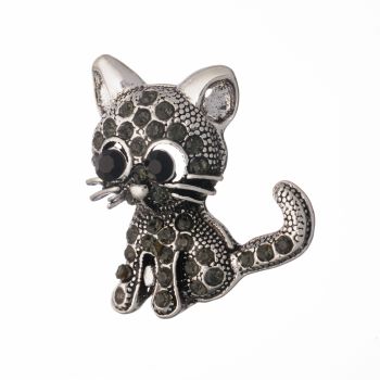 Brosa metalica argintie pui de pisicuta cu pietricele negre