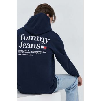 Tommy Jeans bluză bărbați, culoarea bleumarin, cu glugă, imprimeu DM0DM18860