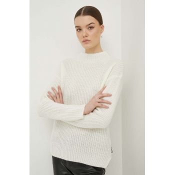 HUGO pulover de lana femei, culoarea bej, cu turtleneck