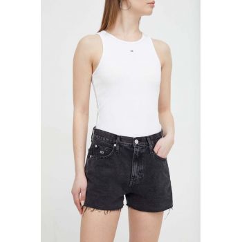 Tommy Jeans pantaloni scurți femei, culoarea negru, uni, high waist DW0DW17633
