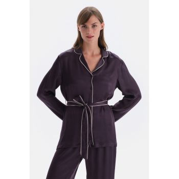 Camasa de pijama cu aspect satinat si garnituri contrastante ieftine