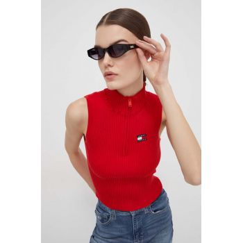 Tommy Jeans top femei, culoarea roșu, cu turtleneck DW0DW17754