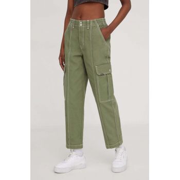 Vans pantaloni femei, culoarea verde, drept, high waist