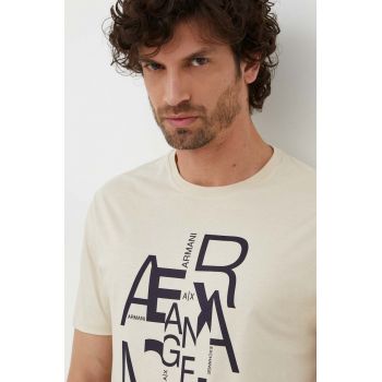 Armani Exchange tricou din bumbac barbati, culoarea bej, cu imprimeu