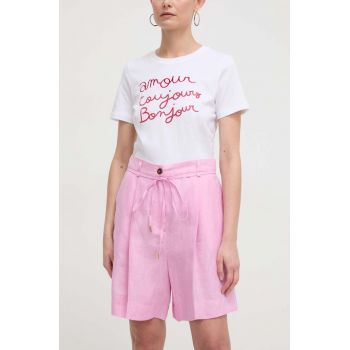 Marella pantaloni scurți din in culoarea roz, uni, high waist 2413140000000